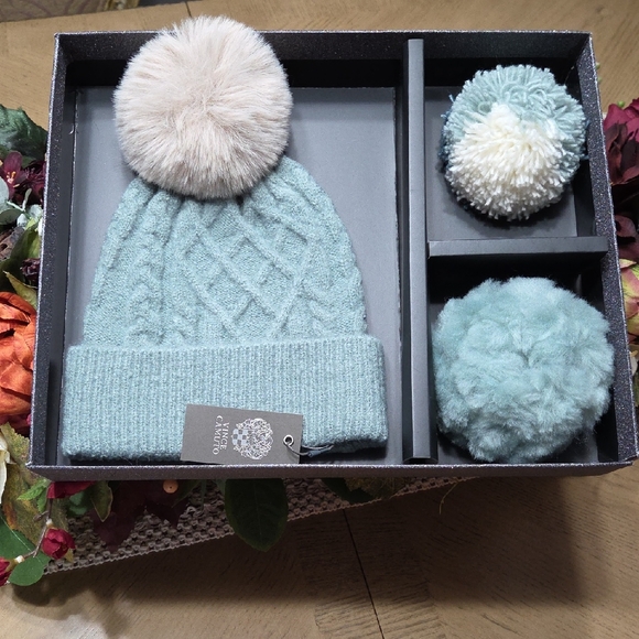 Vince Camuto Accessories - Cozy Winter Hat and Pom-Pom Set - Mint Green w/2 Extra Interchangeable Pom-Poms